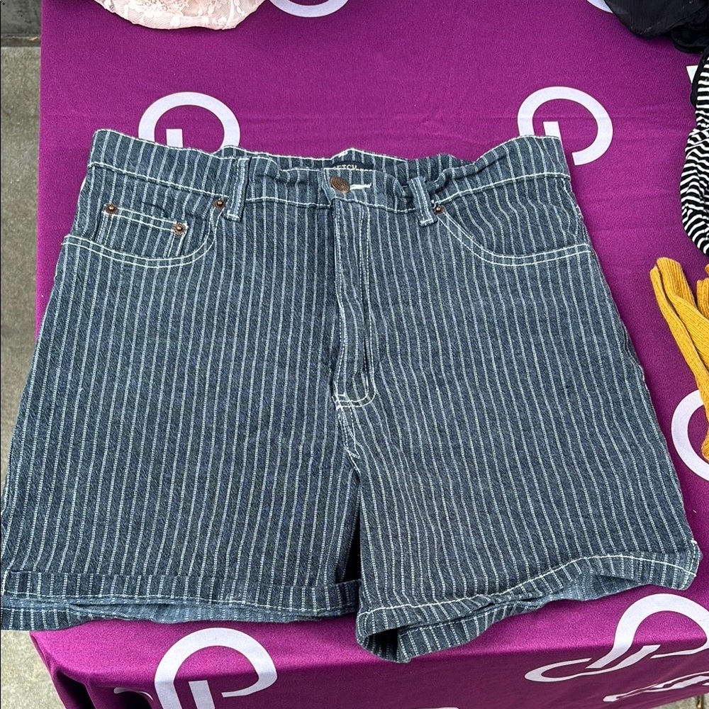 Navy Pinstripe Denim Shorts